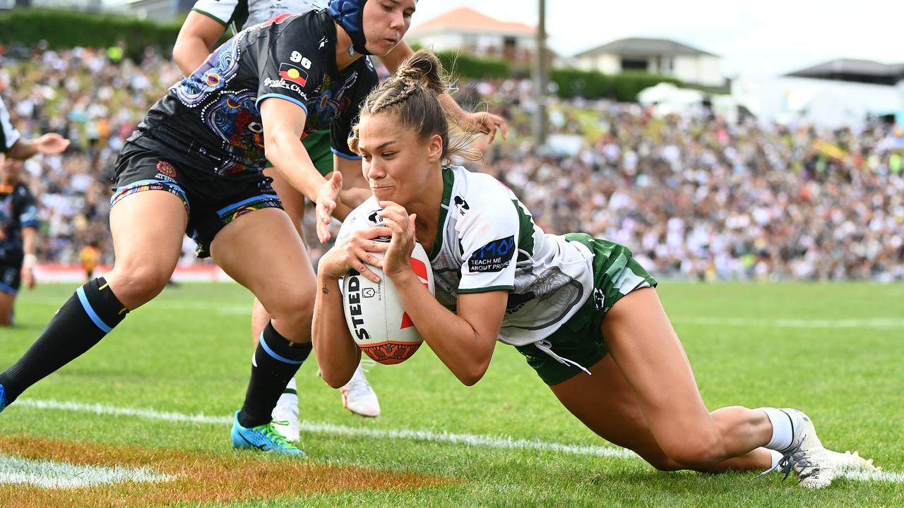 ROTORUA, NEW ZEALAND - FEBRUARY 11: Zali Fay of the Maori All Stars scores a try during the 2023 NRLW All Stars match between Indigenous All Stars and Maori All Stars at Rotorua International Stadium on February 11, 2023 in Rotorua, New Zealand. (Photo by Hannah Peters/Getty Images)