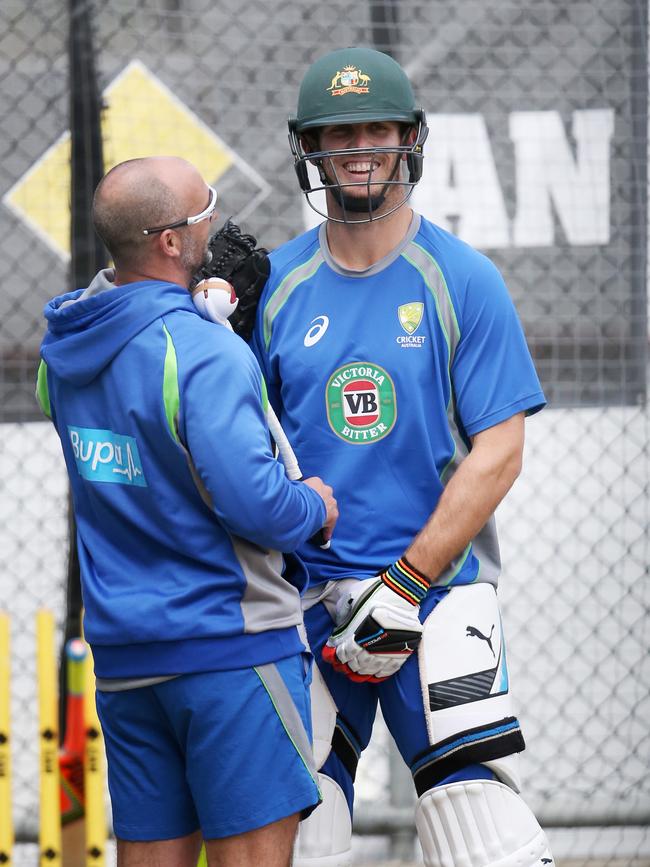 Mitchell Marsh talks with Michael Di Venuto at Australian team training at Blundstone Arena Hobart. Picture: Nikki Davis-Jones