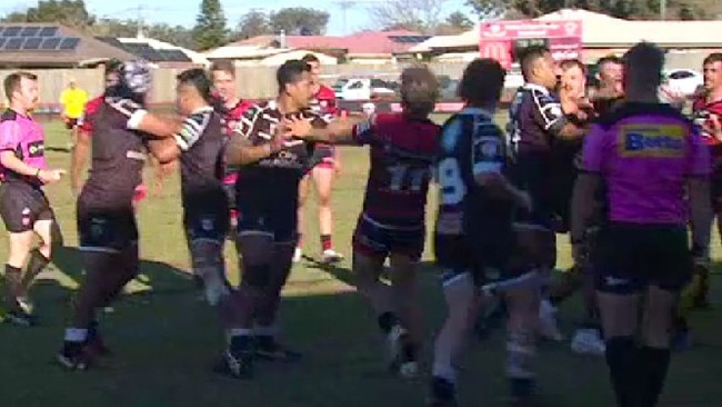 The Toowoomba Rugby League A-grade game between Valleys Roosters and Oakey Bears was called off on Sunday, July 13 after a fight between the two teams spilled into the crowd. Picture: 7NEWS