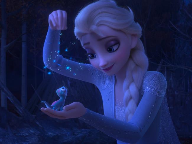 Elsa retains her fairtytale gowns and blonde tresses.