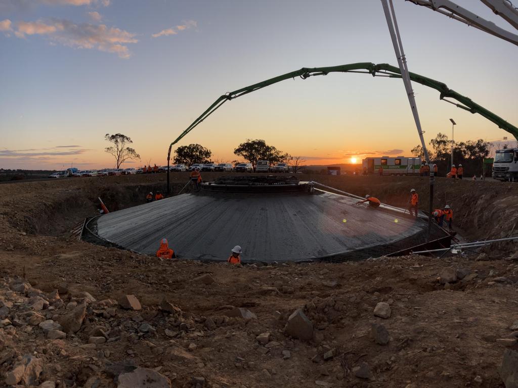 The pour of the first concrete wind turbine foundation for MacIntyre Wind Farm.