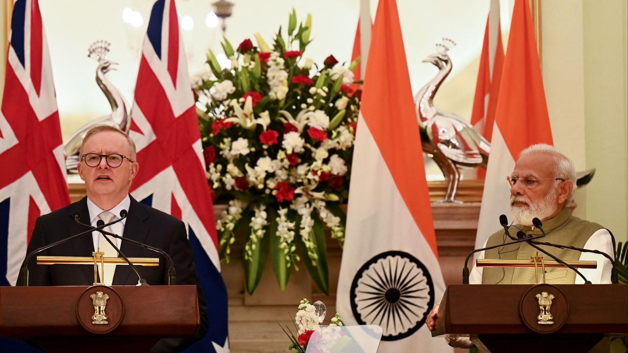 Indian Prime Minister Narendra Modi looks on as Australia's Prime Minister Anthony Albanese speaks. Picture: AFP