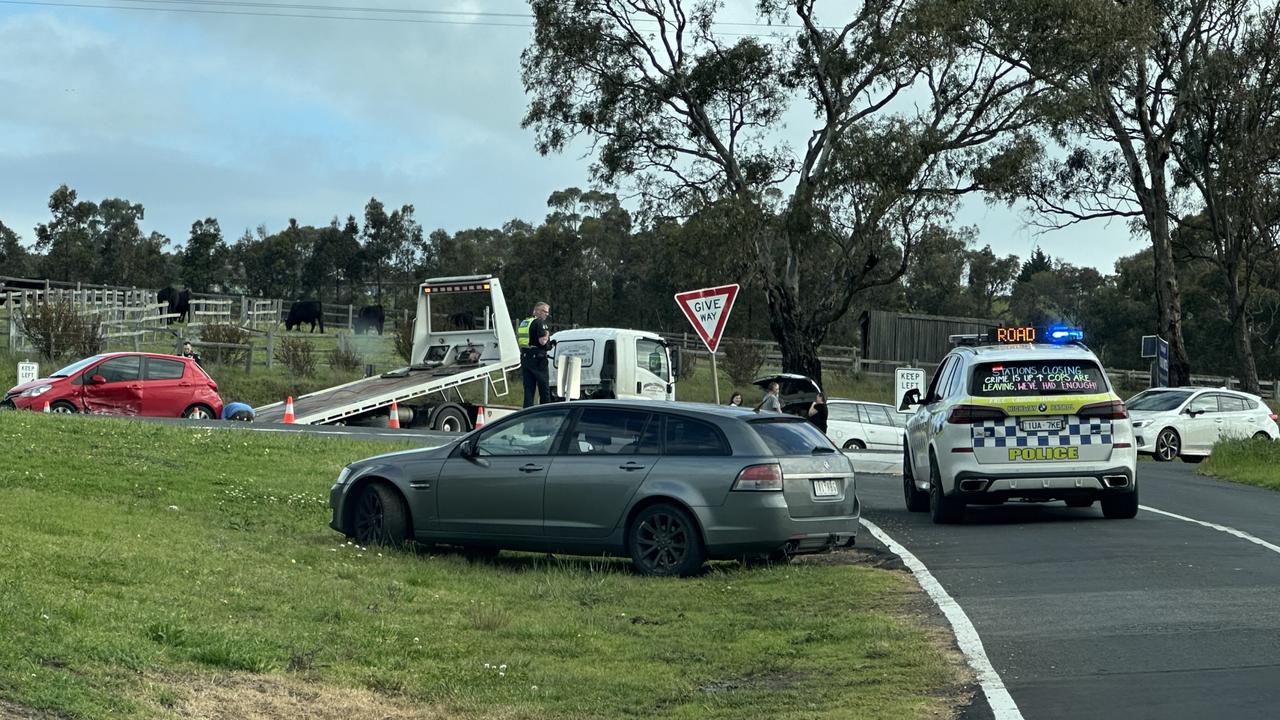 Police and paramedics were called to the corner of Batman Rd and Portarlington Rd on Tuesday afternoon following a car crash that resulted in two people being hospitalised. Picture: Supplied.