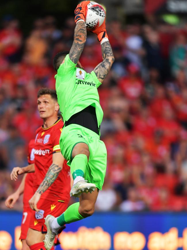 Adelaide goalkeeper Paul Izzo claims a cross. Picture: Getty Images