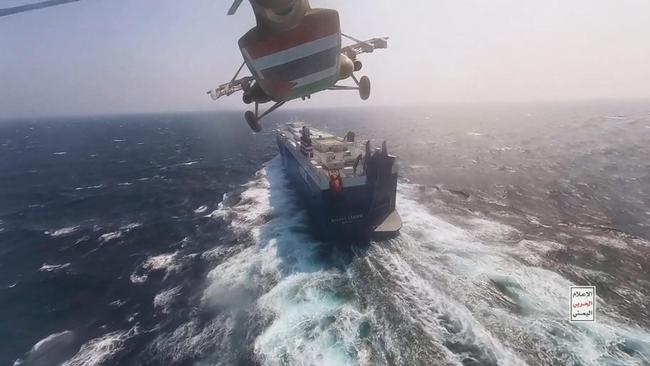 A screen grab from footage shot by Houthi rebels as they boarded the Israeli-linked Galaxy Leader cargo ship in the Red Sea last year. Picture: X (formerly Twitter)