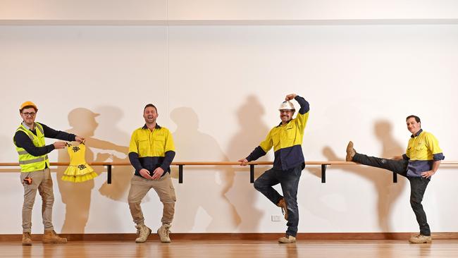 Tradies Billy Christie, (site manager), Liam Fagan (Laser Linings contractor), Russell Dick (Laser Linings supervisor) and Nirmar electrician Jason Fraser try out the new ballet studio. Picture: Tom Huntley