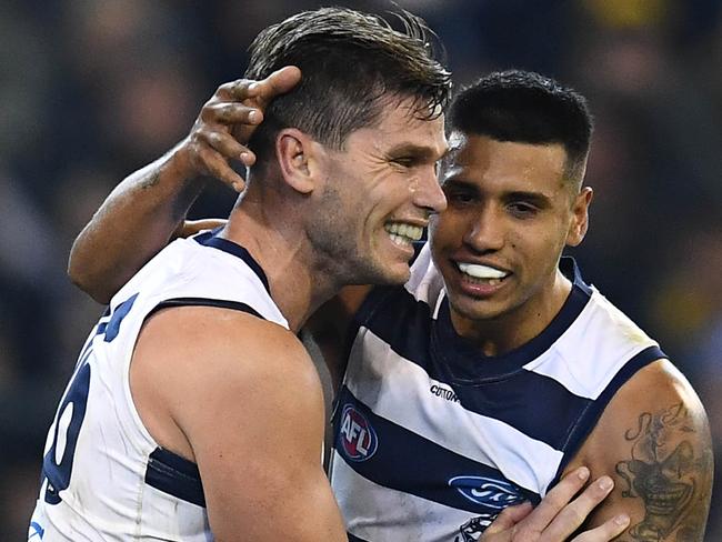 MELBOURNE, AUSTRALIA - JUNE 07: Tom Hawkins of the Cats is congratulated by Tim Kelly after kicking a goal during the round 12 AFL match between the Richmond Tigers and the Geelong Cats at Melbourne Cricket Ground on June 07, 2019 in Melbourne, Australia. (Photo by Quinn Rooney/Getty Images)