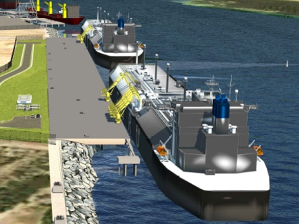 Venice Energy An artist's impression of the proposed liquefied natural gas (LNG) importterminal to be built at Outer Harbor, Port Adelaide, South Australia, byVenice Energy. The image shows the floating storage and regasification unit(in the foreground), or FSRU, and a Liquefied Natural Gas Carrier, LNGC,berthed in front of it. The FSRU would be semi-permanently moored atPelican Point, Outer Harbor, while LNGCs would come and go makingdeliveries. Gas would be piped into the main SA gas network from the FSRU.December 2021. Picture supplied by Venice Energy