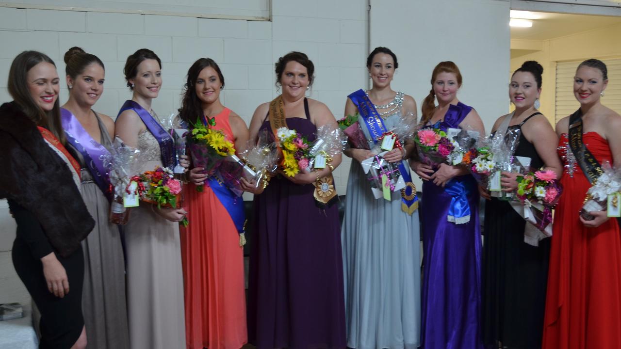 2014 Miss Showgirl finalists: From left, Queensland Country Life's Miss Showgirl 2013 Donna Baker with 2014 Miss Showgirl Burnett Sub-chamber Sophie Hughes (Teebar), runner-up Bonnie Coolee (Bundaberg), and finalists: Chantelle Wain (Mundubbera), Emma Oppermann (Gayndah), Taylor Laney (Monto), Joanna Pickering (Eidsvold), Georgia Jones (Mt Perry), Caitlin Gilfoyle (Gin Gin). Photo Shirley Way / Central &amp; North Burnett Times