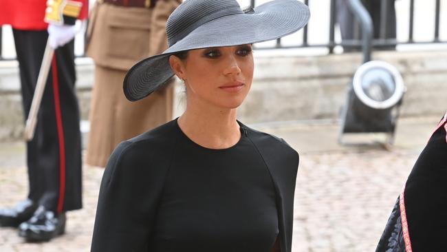 Meghan, Duchess of Sussex walks behind The Queen's funeral cortege borne on the State Gun Carriage of the Royal Navy as it proceeds towards Westminster Abbey. Picture: Geoff Pugh - WPA Pool/Getty Images