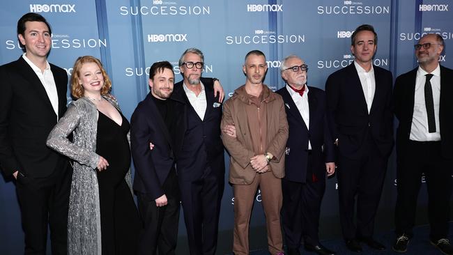 Nicholas Braun, Sarah Snook, Kieran Culkin, Alan Ruck, Jeremy Strong, Brian Cox, Matthew Macfadyen, and Jesse Armstrong at Succession’s Season 4 Premiere in New York City. Picture: Jamie McCarthy/Getty