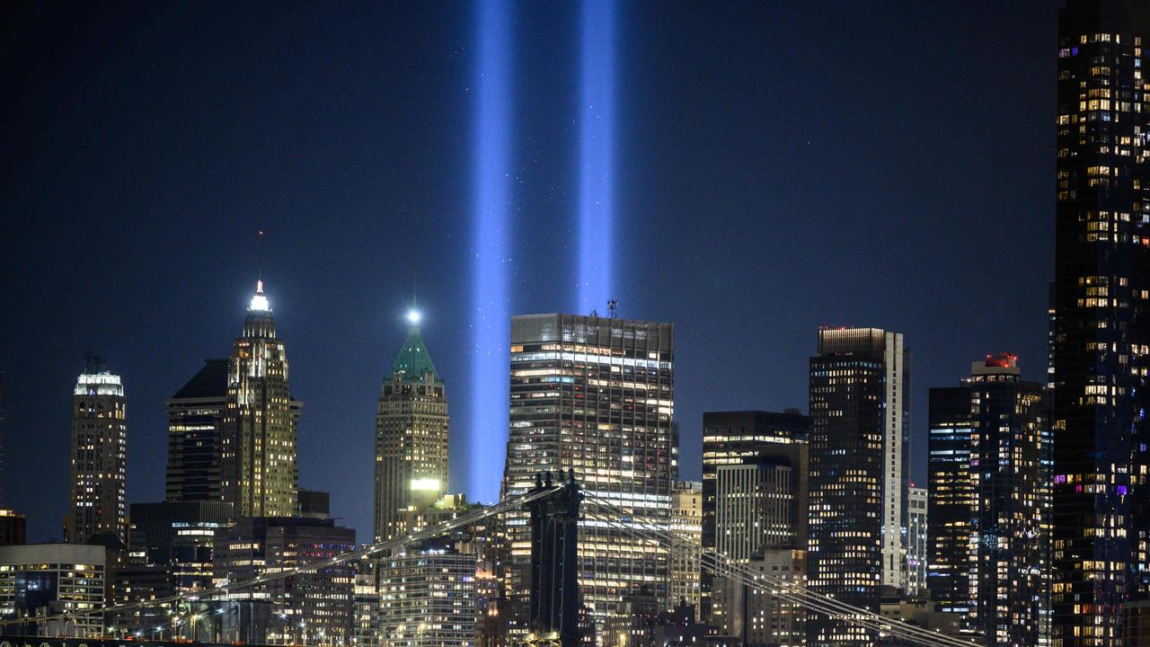 A general view of the city skyline and the 'Tribute in Light' installation commemorating the 9/11 terrorist attacks, in New York on September 10, 2021. Picture: AFP