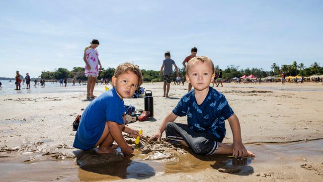 Henry Sheridan and Beau Sheridan at the Darwin Beer Can Regatta at Mindil Beach, 2025. Picture: Pema Tamang Pakhrin