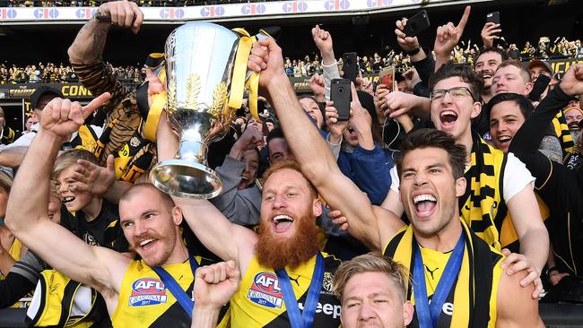 Kamdyn McIntosh, Nick Vlastuin, Nathan Broad and Alex Rance celebrate on Grand Final day 2017. Picture: Getty Images