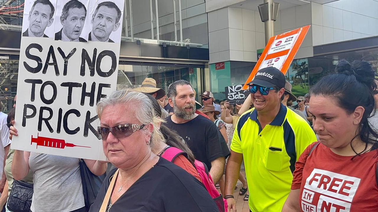 Protesters at the freedom rally in Darwin CBD on October 30, 2021. Picture: Amanda Parkinson