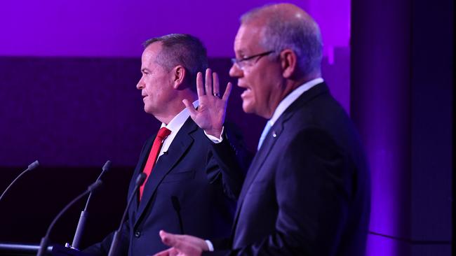 Leader of the Opposition Bill Shorten and Prime Minister Scott Morrison during the third Leaders Debate. Picture: AAP