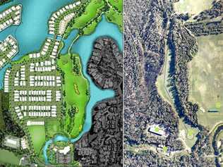 Maps show the Pelican Waters Golf Club as it is (right) and how it will be with a new 270-home residential development. Picture: Contributed