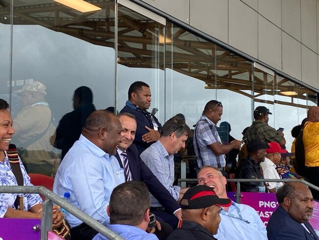 NRL chief executive Andrew Abdo with PNG Prime Minister James Marape. Credit: Supplied.