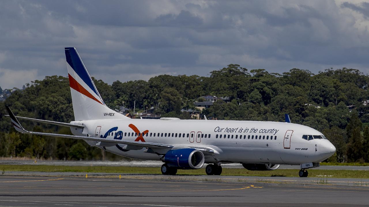 The first Rex Airlines aircraft landing at Gold Coast Airport. Rex has started new twice daily services between the Gold Coast and Melbourne. Picture: Jerad Williams