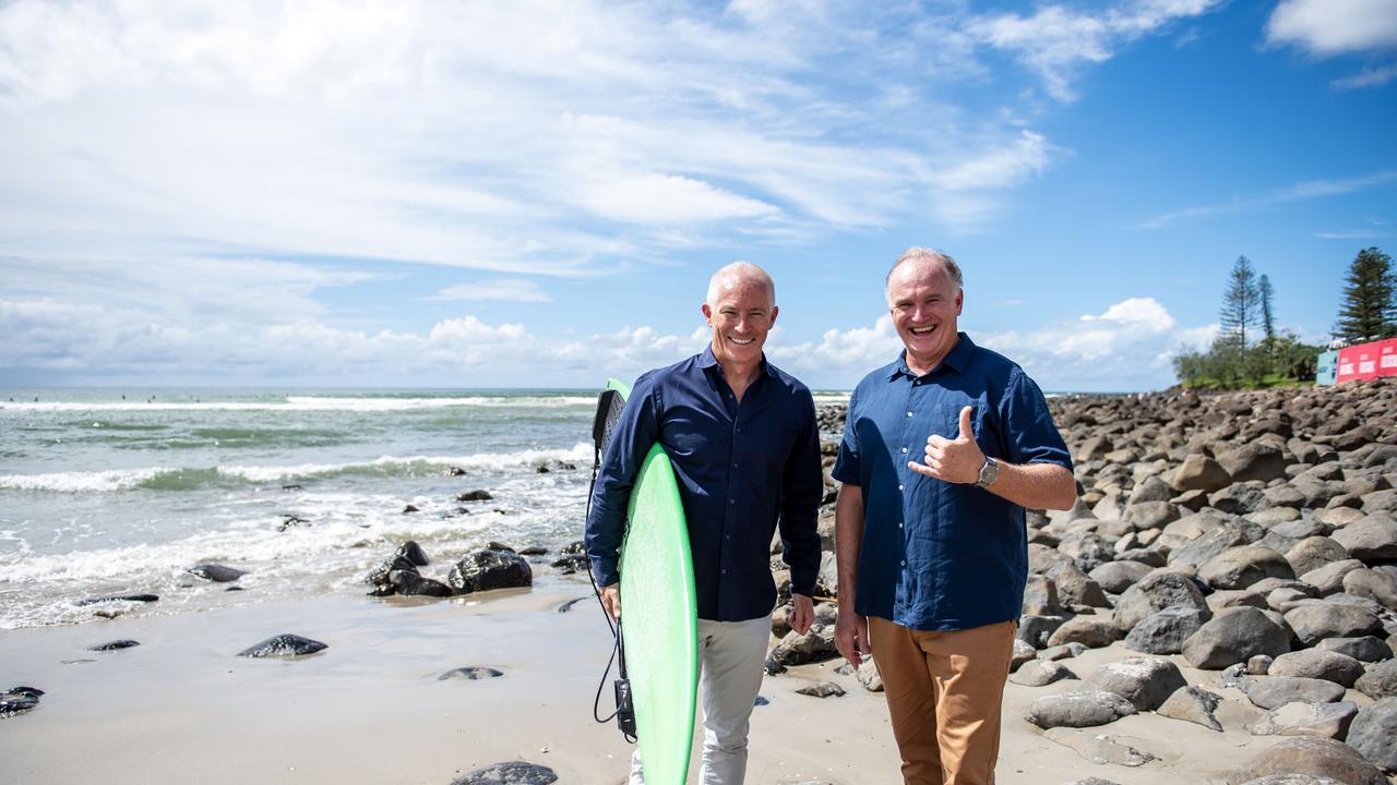 World Surf League Asia Pacific president, Andrew Stark, and Experience Gold Coast chief executive, John Warn. The Bonsoy Gold Coast Pro is set to take place between May 3 and 13 at Burleigh Heads. Picture: Tom Bennett.