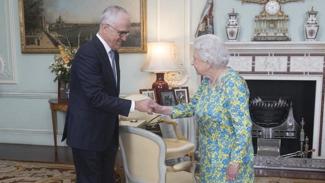 Former PM and avowed republic supporter Malcolm Turnbull meeting the Queen in 2017. Picture: Getty Images