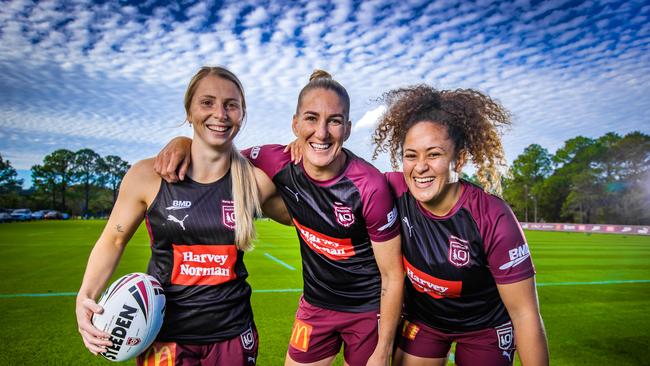 Tarryn Aiken, Ali Brigginshaw and Shaniah Power on their first day of camp at Royal Pines. Picture: Nigel Hallett