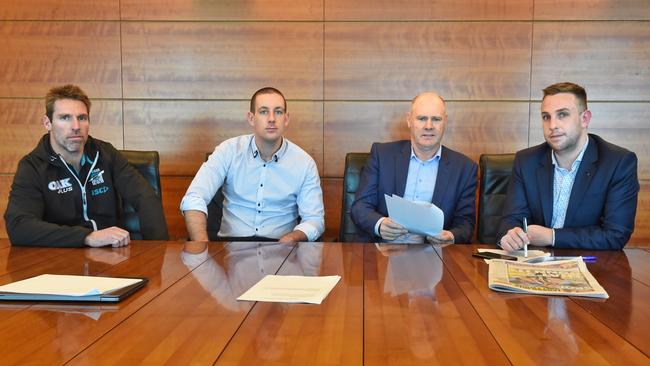 The Recruiter Port Adelaide's Jason Cripps, The Analyst Champion Data’s Daniel Hoyne, The Coach Rodney Eade and The Journalist Sam Landsberger at the Future of Footy Rules Summit. Picture: Tony Gough