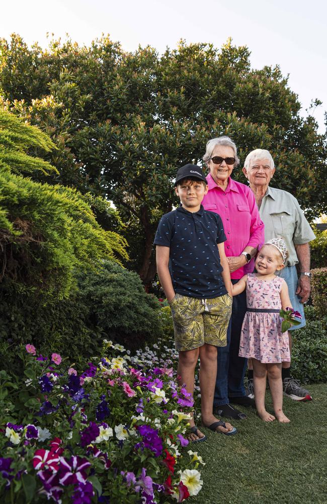 Margaret and John Campbell with their grandkids Edwin and Lavinia Campbell in The Chronicle Garden Competition City Reserve Grand Champion garden of Cheryl Ganzer during the Carnival of Flowers, Saturday, September 21, 2024. Picture: Kevin Farmer