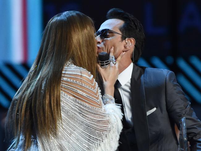 Jennifer Lopez kisses Marc Anthony during the 17th Annual Latin Grammy Awards on November 17, 2016, in Las Vegas, Nevada. Picture: AFP / Valerie Macon