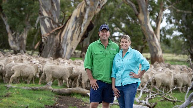 Trent and Kate Carter from Wallaloo Park at Marnoo, have made a strong operation from their family’s sheep and cropping ventures. Picture: Zoe Phillips