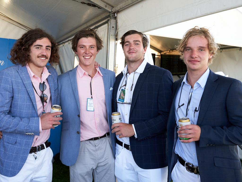 Ethan Packer, Ryan Lymn, Louie Merrett and Isaac Grima at the Adelaide Cup at Morphettville Racecourse, Monday, March 8, 2021. Picture: MATT LOXTON