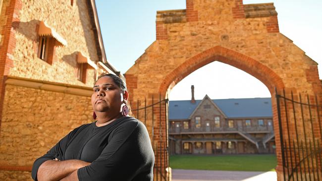 Archaeologist Jacinta Koolmatrie outside the Migration Museum. Picture: Tom Huntley