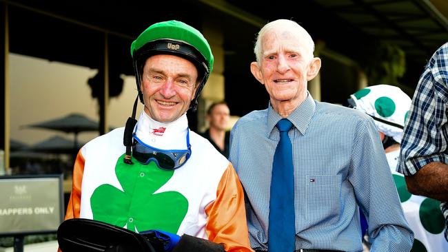 Jockey Ron Goltz and trainer Barry Squair. Picture: Trackside Photography