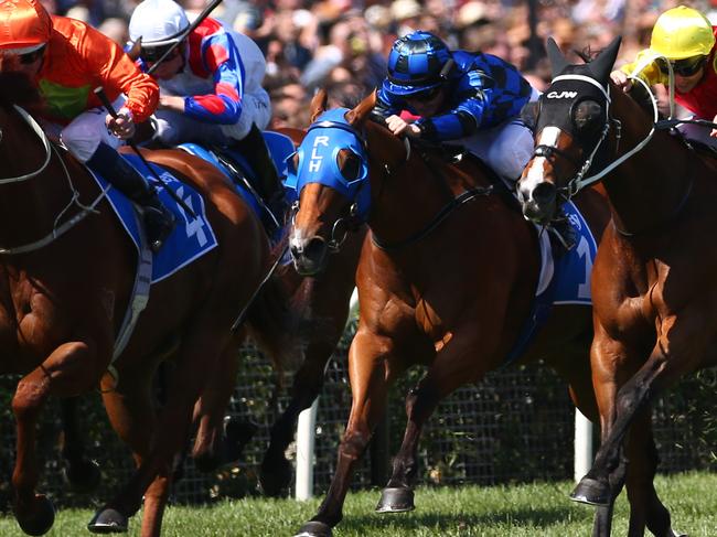 Stakes day racing at Flemington race track, Race 6 Darley Classic over 1200 metres, Winner no 7 Delecation ridden by James McDonald, 2nd no 2 Chautauqua, Dwayne Dunn, 3rd no 4 Terravista, Hugh Bowman. November 7, 2015 Melbourne Australia. stakesday15 EmiratesStakes15 Picture : George Salpigtidis