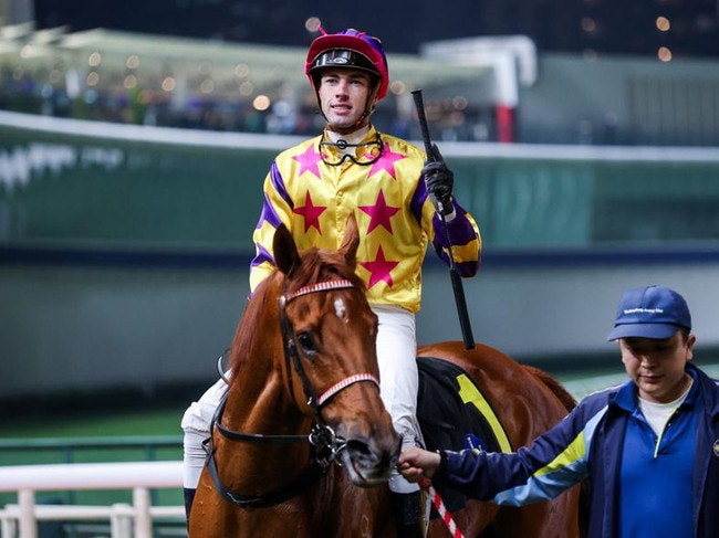 Jimmy Orman celebrates his first winner in Hong Kong. Picture: HKJC