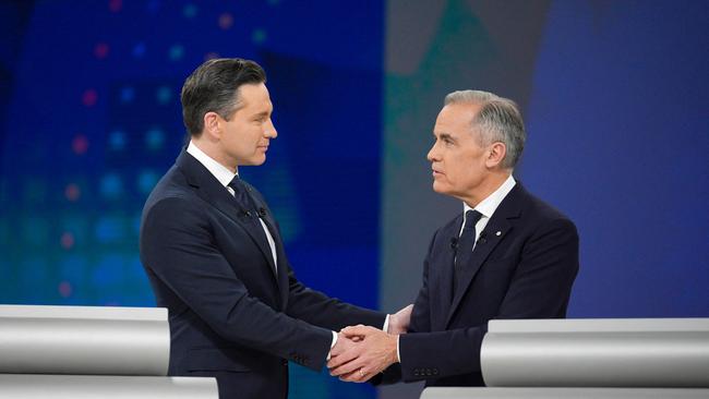 Conservative Party leader Pierre Poilievre and Liberal Party leader Mark Carney debating in Montreal on Thursday. Picture: Christopher Katsarov /AFP