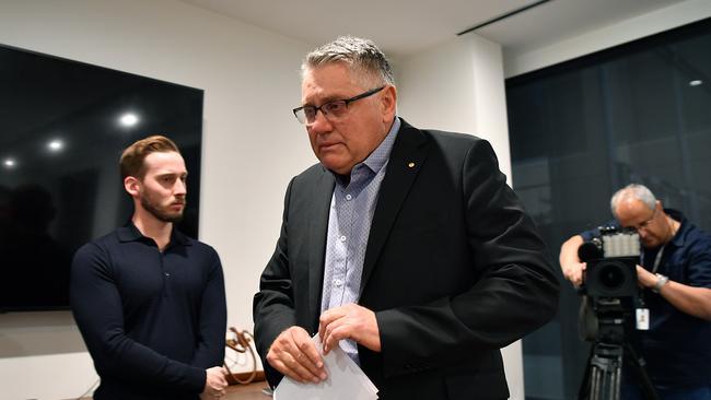 Radio broadcaster Ray Hadley leaves after speaking to the media during a press conference about his son in Sydney. Picture: AAP