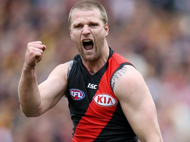 AFL Round 20. 04/08/2018. Hawthorn v Essendon at the MCG.  Essendon's Jake Stringer celebrates his goal in the first quarter  .Pic: Michael Klein