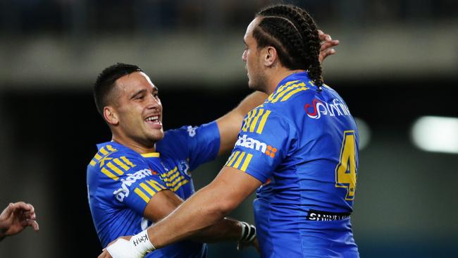 Former Parramatta teammates Corey Norman (left) and Brad Takairangi will face-off in round five of the Macarthur Rugby League. Pic Brett Costello