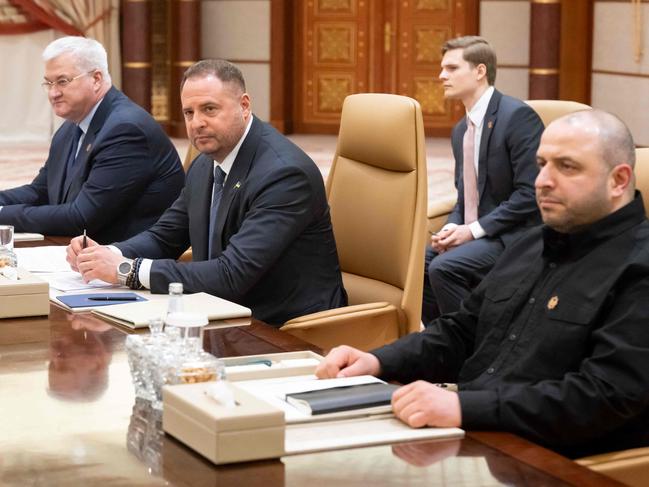 Ukrainian Foreign Minister Andrii Sybiha, Ukrainian Head of Presidential Office Andriy Yermak and Ukrainian Minister of Defence Rustem Umerovto hold a meeting with US officials in Jeddah. Picture: AFP