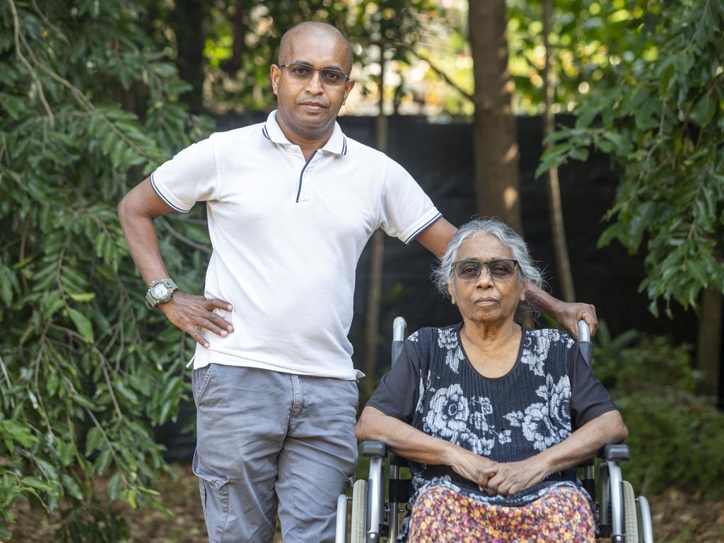 Priya Wickremasena and his 79-year-old mother Amitha Perera. Mr Wickremasena says people should have adequate access to resources at any given time, particularly disabled people. Picture: Floss Adams.