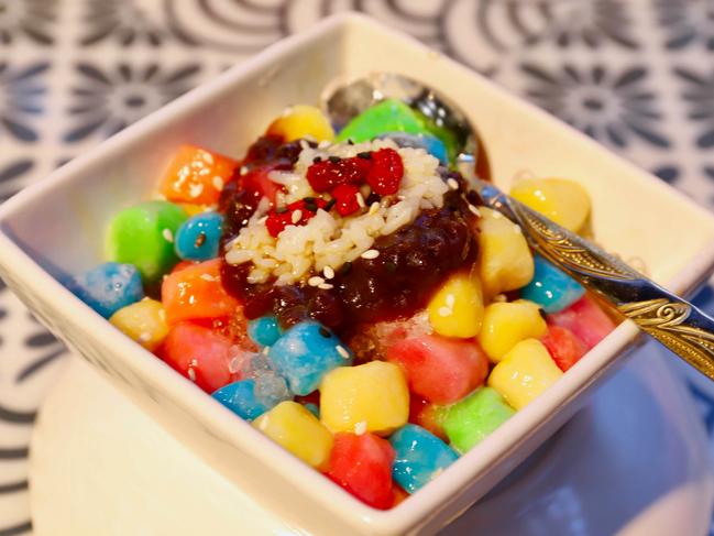 Rainbow rice balls with red bean and blended ice. Picture: Jenifer Jagielski