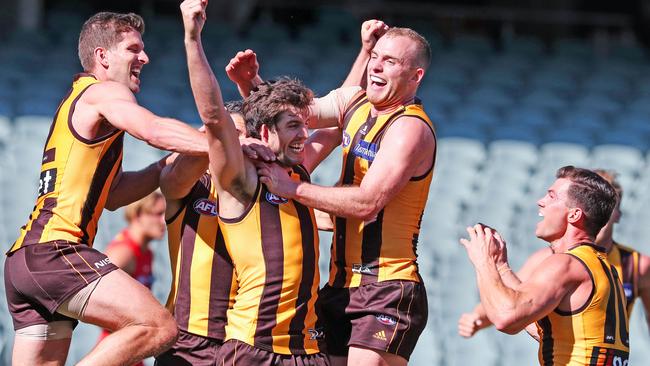 Stratton kicked a rare goal in his final game, and his teammates loved it. Picture: Sarah Reed