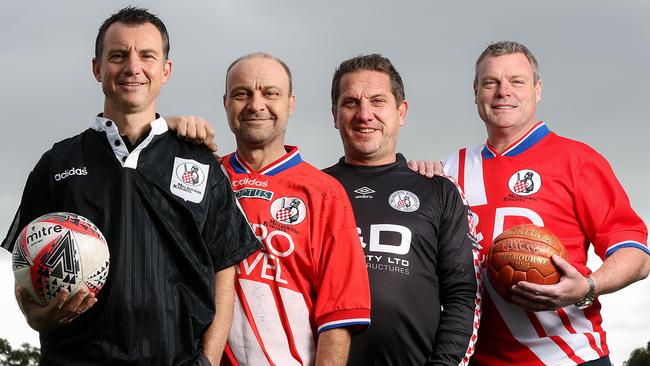 Legends of former National Soccer League Club Melbourne Knights gather to reflect on their first title win in 1995 against Adelaide City, as the Knights prepare to play Adelaide United in Wednesday's FFA Cup. Left to right: Fausto De Amicis, Oliver Pondeljak, Mark Silic and Andrew Marth. Picture: Ian Currie