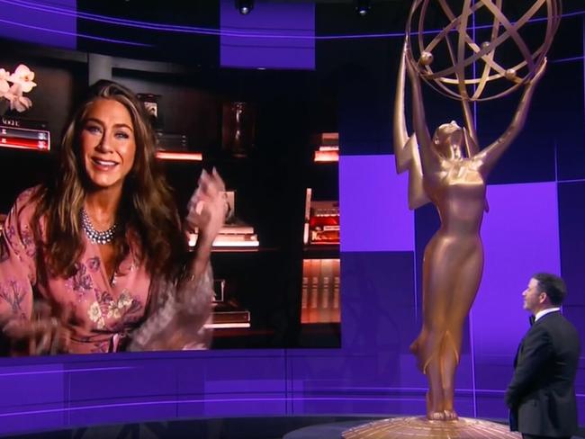 Jimmy Kimmel, far right, speaks to Jennifer Aniston via Zoom at the Emmys. Picture: AFP