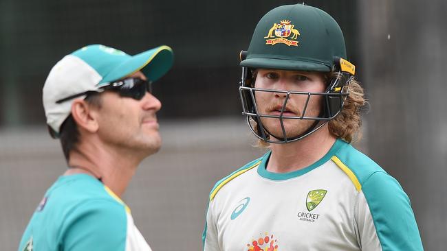 Will Pucovski has a net session under the watchful eye of Justin Langer. Picture: Josie Hayden