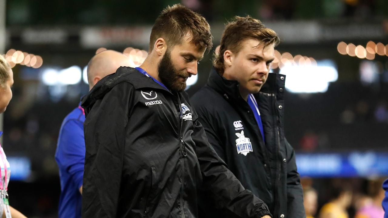 Luke McDonald and Cameron Zurhaar of the Kangaroos picked up injuries. Picture: Michael Willson