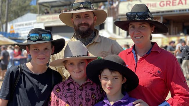 Trent Carus, Lisa Carus, (front from left) Xavier Hogan, Lilli Carus and Seth Carus, from Proserpine and Brisbane, enjoy day one of the 2024 Gympie Muster, at the Amamoor State Forest on August 22, 2024.