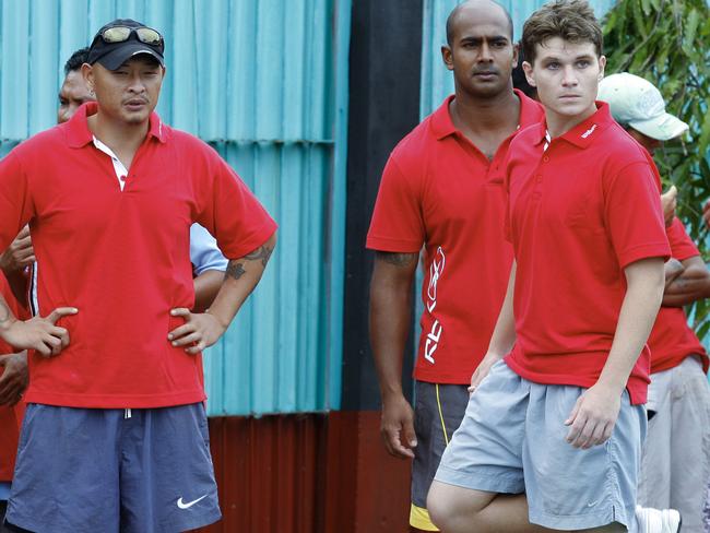 Scott Rush (right) in a 2008 prison tennis match with ringleaders Andrew Chan and Myuran Sukumaran when all three were on death row.