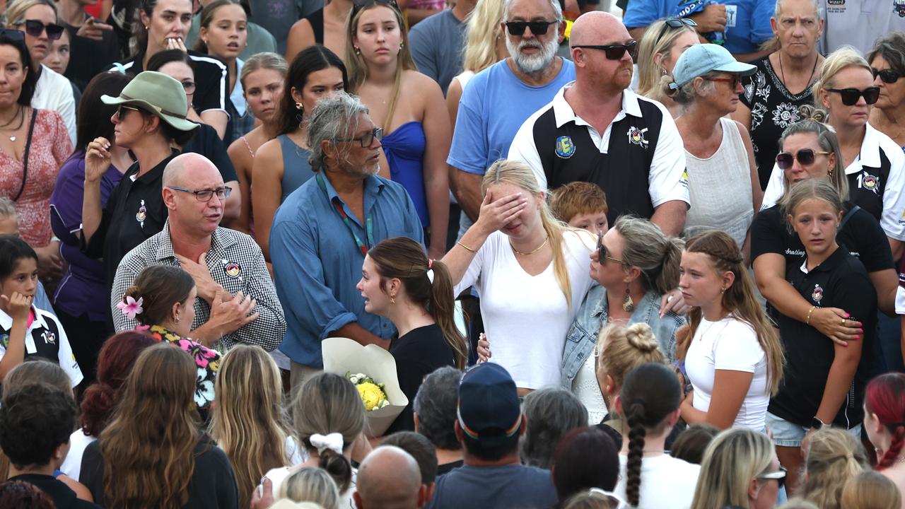 Vigil on Woorim beach for shark attack victim Teenage girl Charlize Zmuda, killed in shark attack late Monday afternoon - Steve Zmuda, father of Charlize speaks to the crowd. Picture: David Clark